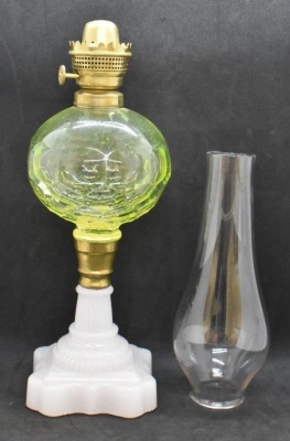 Vaseline glass font 11"h kerosene lamp w/ milk glass base - 12