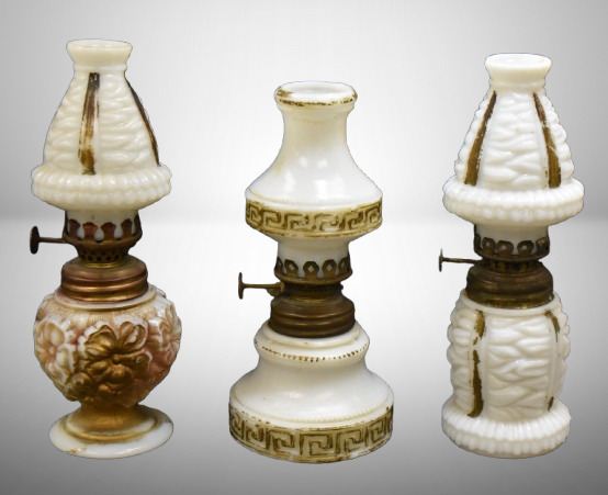 (3) Milk glass miniature oil lamps