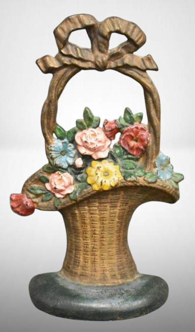 Mrkd. Hubley Cast Iron Basket of Flowers 11"h door stop