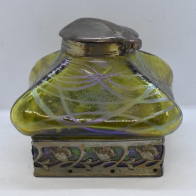 Art Nouveau inkwell w/ green iridescent glass and brass hinged cover, 4" sq. dia. x 4" tall - 2