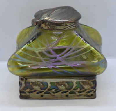 Art Nouveau inkwell w/ green iridescent glass and brass hinged cover, 4" sq. dia. x 4" tall - 3