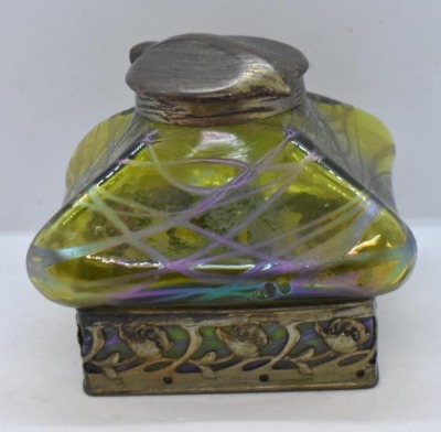 Art Nouveau inkwell w/ green iridescent glass and brass hinged cover, 4" sq. dia. x 4" tall - 4