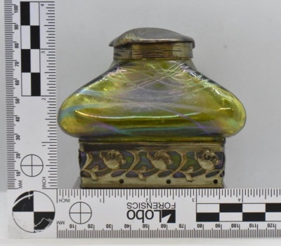 Art Nouveau inkwell w/ green iridescent glass and brass hinged cover, 4" sq. dia. x 4" tall - 9