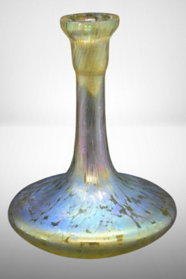 Loetz Art Nouveau greenish/ gold iridescent 5.5" vase, oil spots design