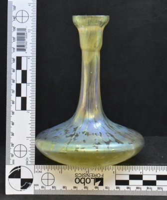 Loetz Art Nouveau greenish/ gold iridescent 5.5" vase, oil spots design - 7