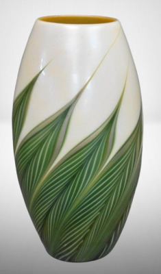 Signed Lundberg Studios 10" irid. vase w/ Pulled Feather design