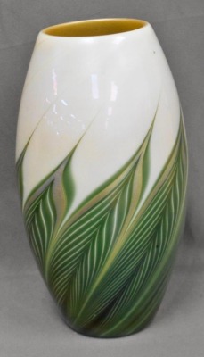 Signed Lundberg Studios 10" irid. vase w/ Pulled Feather design - 2