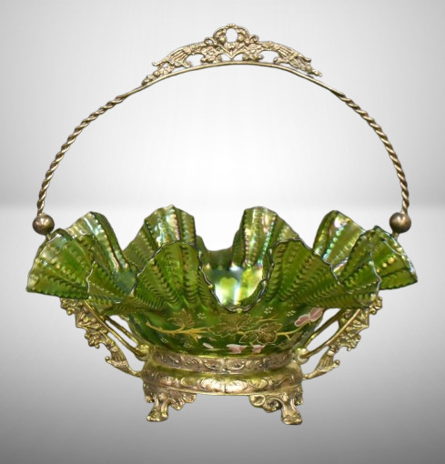 Victorian irid. green bride's basket w/ enamel flowers, ornate silver holder