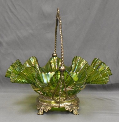 Victorian irid. green bride's basket w/ enamel flowers, ornate silver holder - 2