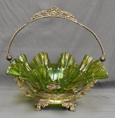 Victorian irid. green bride's basket w/ enamel flowers, ornate silver holder - 3