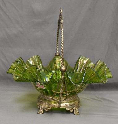 Victorian irid. green bride's basket w/ enamel flowers, ornate silver holder - 4