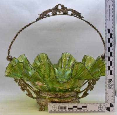 Victorian irid. green bride's basket w/ enamel flowers, ornate silver holder - 14