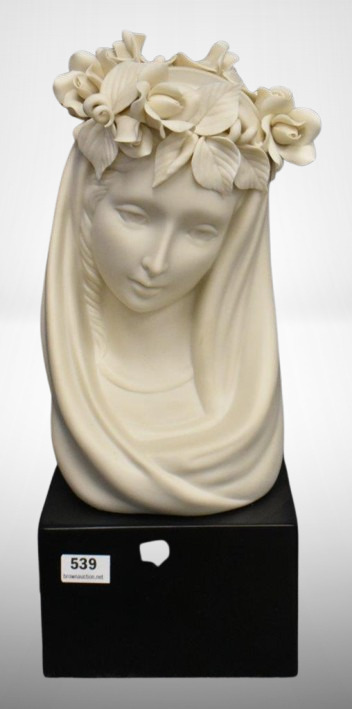 Mrkd. Cybis Madonna Queen of Angels bisque porcelain bust on wood base, 11" tall