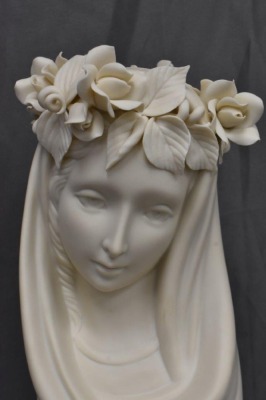 Mrkd. Cybis Madonna Queen of Angels bisque porcelain bust on wood base, 11" tall - 2