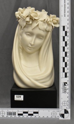 Mrkd. Cybis Madonna Queen of Angels bisque porcelain bust on wood base, 11" tall - 8