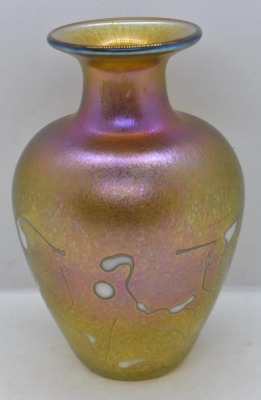 Signed Robert Held Art Gass 5.5" gold irid. vase w/ white opal. abstract - 2