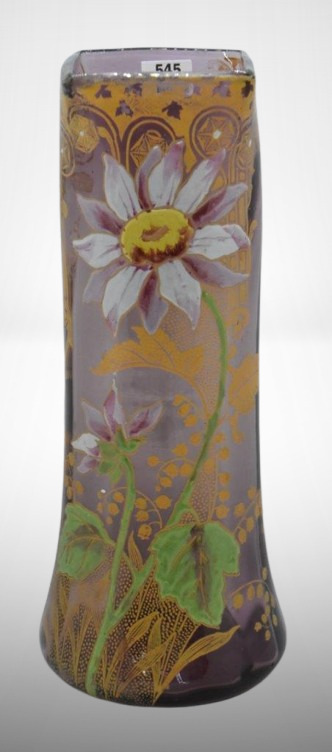 Moser Art Glass 11" vase decorated w/ flowers on lt. purple background