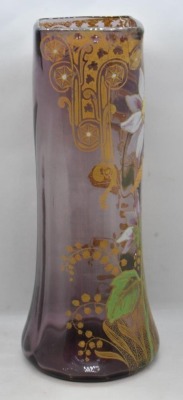 Moser Art Glass 11" vase decorated w/ flowers on lt. purple background - 4