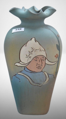 Mrkd. Weller Dickensware 9" vase, Dutch woman porltrait