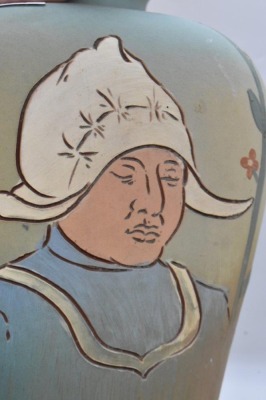 Mrkd. Weller Dickensware 9" vase, Dutch woman porltrait - 5