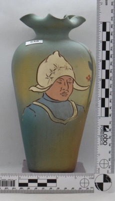 Mrkd. Weller Dickensware 9" vase, Dutch woman porltrait - 7