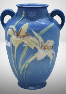 Roseville Zephyr Lily 134-8" vase, blue - 7