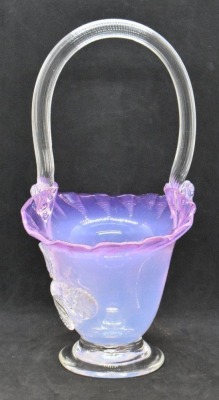 Victorian opalescent cranberry basket w/ applied clear glass leaves - 2