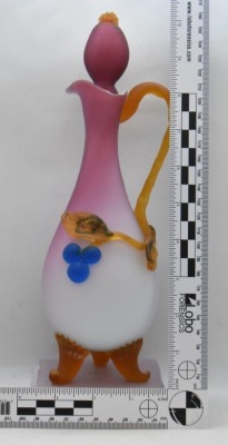 (2) Murano pink cased glass 9.5" ftd. cruets w/ applied berries and leaves - 9