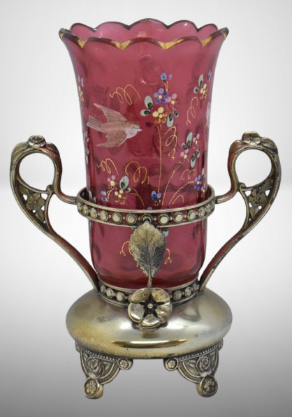 Victorian Cranberry glass celery vase in ornate silver dbl. handled holder