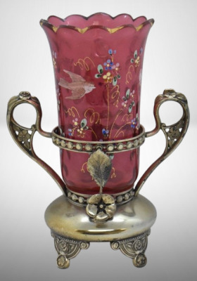 Victorian Cranberry glass celery vase in ornate silver dbl. handled holder