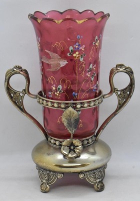 Victorian Cranberry glass celery vase in ornate silver dbl. handled holder - 2