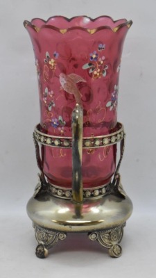 Victorian Cranberry glass celery vase in ornate silver dbl. handled holder - 3