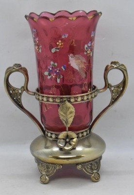 Victorian Cranberry glass celery vase in ornate silver dbl. handled holder - 4