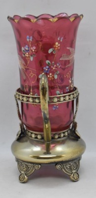 Victorian Cranberry glass celery vase in ornate silver dbl. handled holder - 5