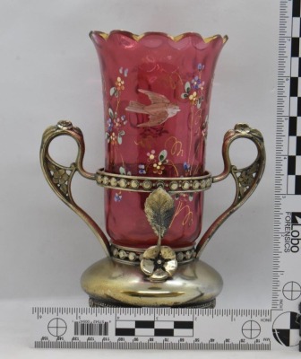 Victorian Cranberry glass celery vase in ornate silver dbl. handled holder - 11