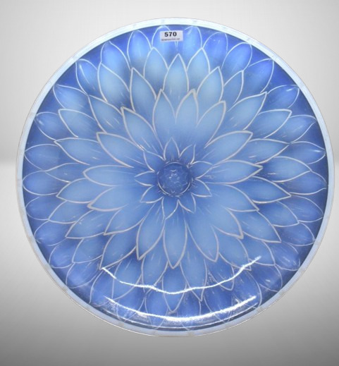 Etling Glass Art Deco large low bowl, Sunflower design, 12"d