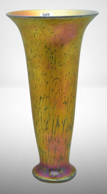 Lundberg Studios gold Favrile fluted trumped vase, 10"