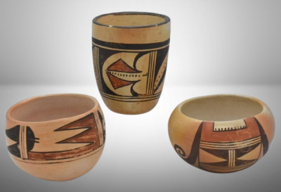 (3) Native American polychrome pcs: (2) 3"h bowls; (1) 4"h cup