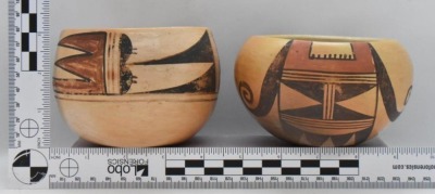 (3) Native American polychrome pcs: (2) 3"h bowls; (1) 4"h cup - 8