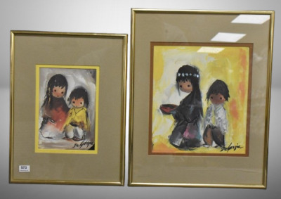 (2) DeGrazia framed Art Prints: Two Little Ones, 9.25" x 12"; Hoping, 11" x 14"