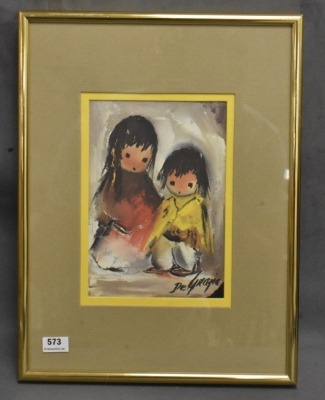 (2) DeGrazia framed Art Prints: Two Little Ones, 9.25" x 12"; Hoping, 11" x 14" - 2