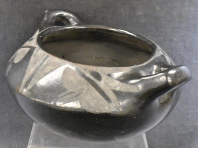 Native American black on black pottery handled bowl - 2