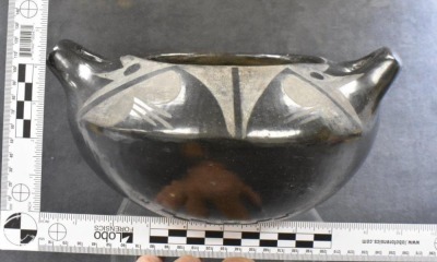 Native American black on black pottery handled bowl - 4