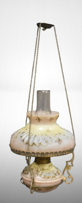 Victoria hanging miniature night oil lamp, embossed decorations