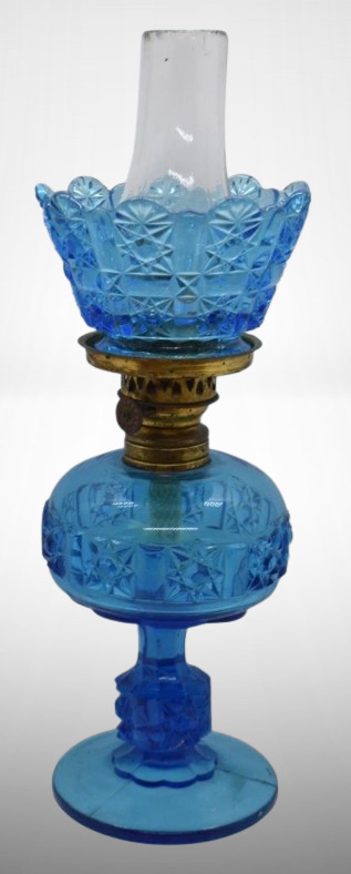 EAPG Stars and Bars blue miniature oil lamp, 8" tall