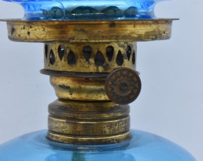 EAPG Stars and Bars blue miniature oil lamp, 8" tall - 2