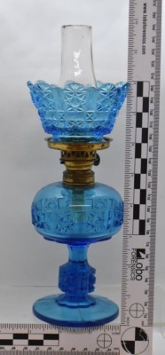 EAPG Stars and Bars blue miniature oil lamp, 8" tall - 4