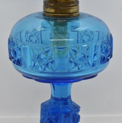 EAPG Stars and Bars blue miniature oil lamp, 8" tall - 6