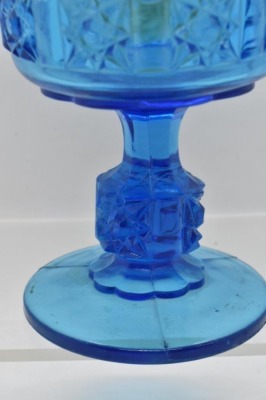 EAPG Stars and Bars blue miniature oil lamp, 8" tall - 7