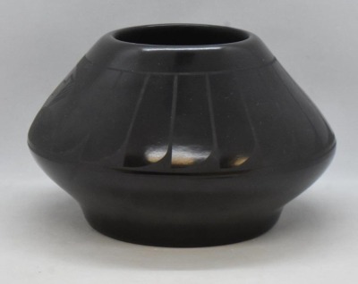 Native American black on black pottery 4" pot, signed AdaKei - 2